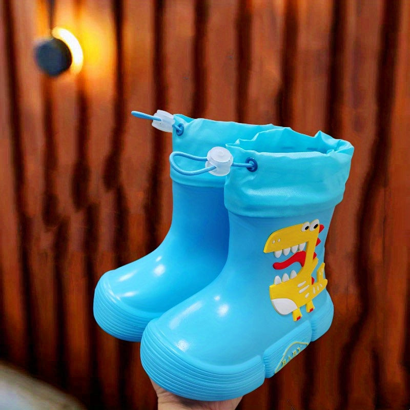 JIAGEYA Boys Girls EVA Drawstring Rain Boots, Cartoon Dinosaur Design Waterproof Soft Sole Anti Slip High Top Shoes For Rainy Weather