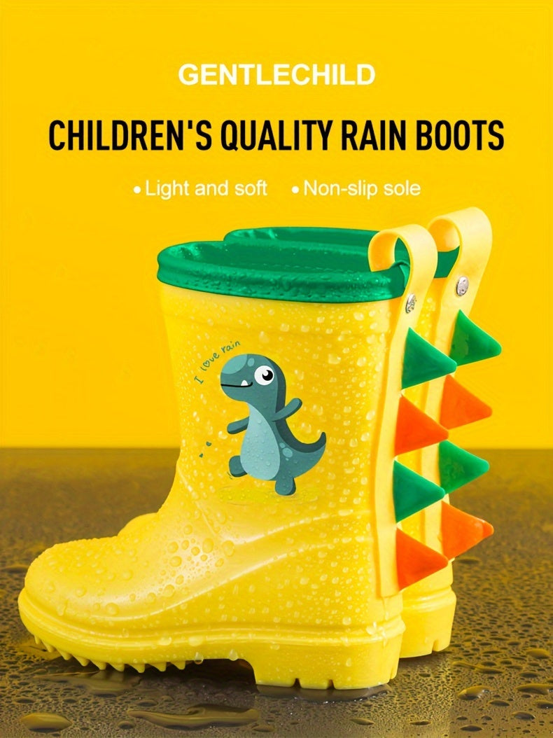 GentleChild Youngsters' Dinosaur Rain Boots - Waterproof, Anti-Slip, Mid-Calf Blue PVC Rain Shoes for Boys & Girls, Ages 1-8, with Cute Cartoon Design & Spikes for Enhanced Grip