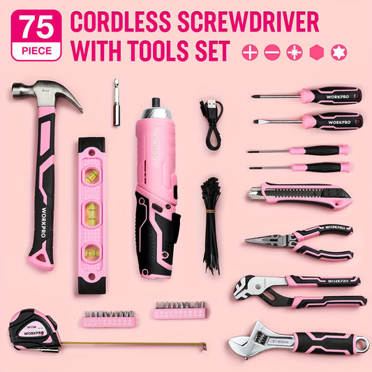 WORKPRO 75-Piece Pink Tools Set, 3.7V Rotatable Cordless Screwdriver And Household Tool Kit, Basic Tool Set With 13'' Portable Steel Tool Box For Home, Garage, Apartment, Dorm, New House - Pink Ribbon