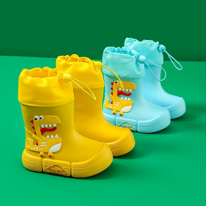 JIAGEYA Boys Girls EVA Drawstring Rain Boots, Cartoon Dinosaur Design Waterproof Soft Sole Anti Slip High Top Shoes For Rainy Weather