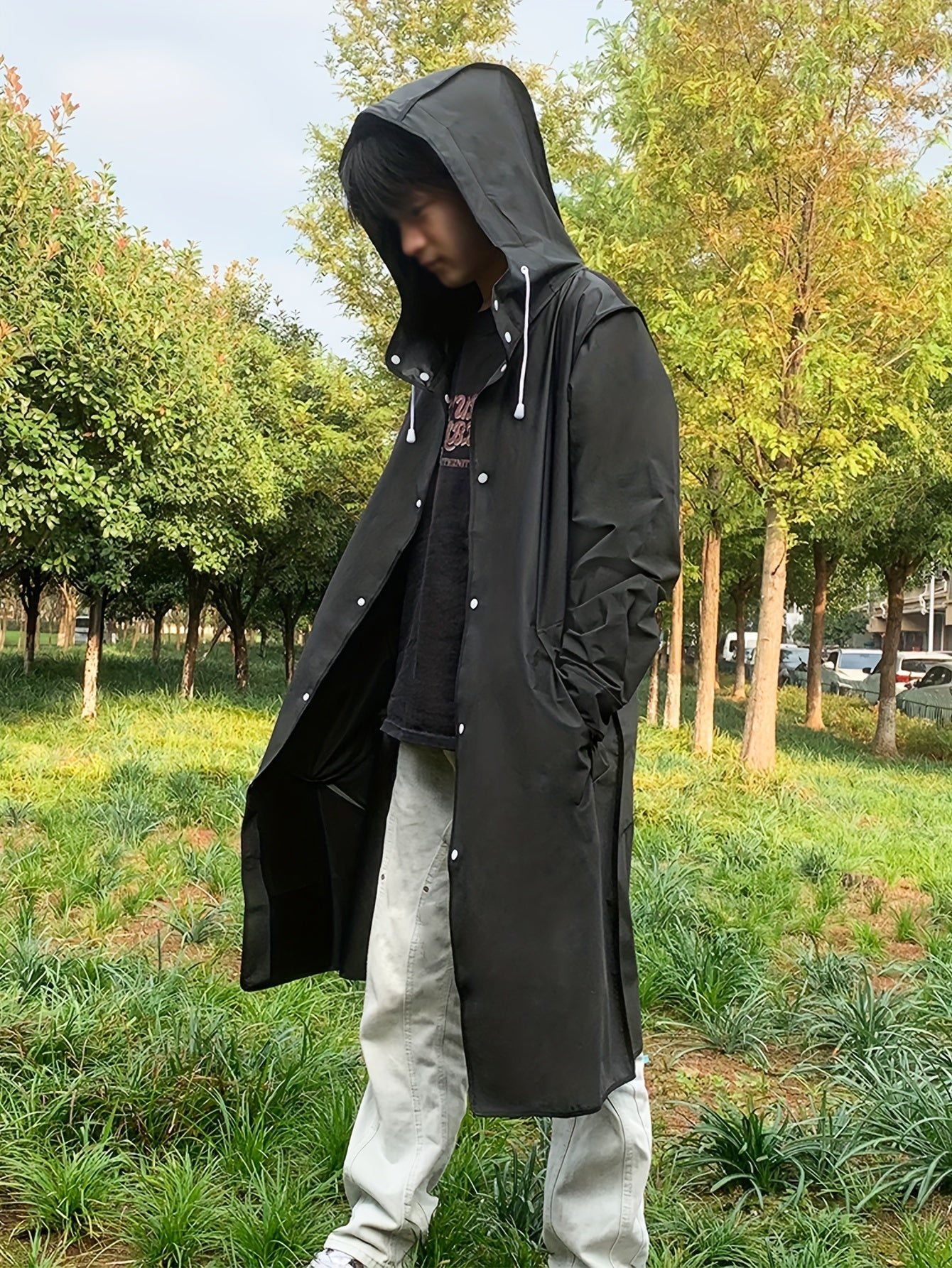 Unisex Hooded Raincoat, Casual Button Up Rain Poncho For Outdoor Raining Days