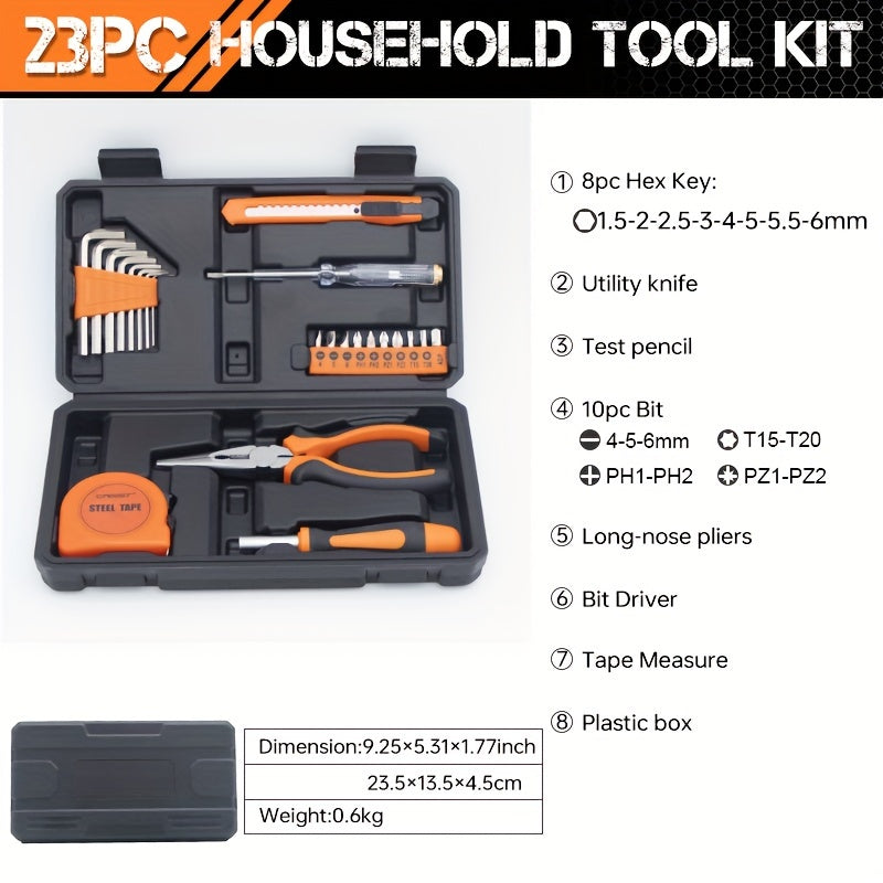 23pcs Universal Home Tool Kit, Carbon Steel Hand Tools Set with Plastic Storage Case, Manual Repair Tools for Household, Car, Office - No Assembly Required, Uncharged, Battery-Free