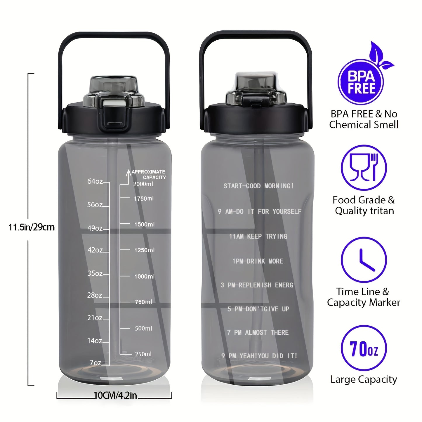 Sildurx 70oz (2L) Half-Gallon Water Bottle with Sleeve - Leakproof, BPA-Free Tritan, Built-in Straw & Time Stamp, Thermos with Handle, Motivational Design, for Gym, Travel, Office, School - Ideal Gift for Men & Women, Daily H