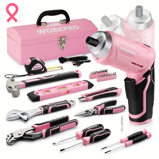 WORKPRO 75-Piece Pink Tools Set, 3.7V Rotatable Cordless Screwdriver And Household Tool Kit, Basic Tool Set With 13'' Portable Steel Tool Box For Home, Garage, Apartment, Dorm, New House - Pink Ribbon