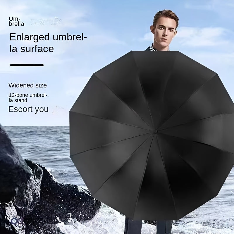Extra Large 12-Rib Windproof Waterproof Umbrella - Reinforced Thickened Ribs for Dual Sun & Rain Use, Manual Open Compact Travel Umbrella with Sleek Black Design for Business Professionals, Students, Men & Women, Versatile We