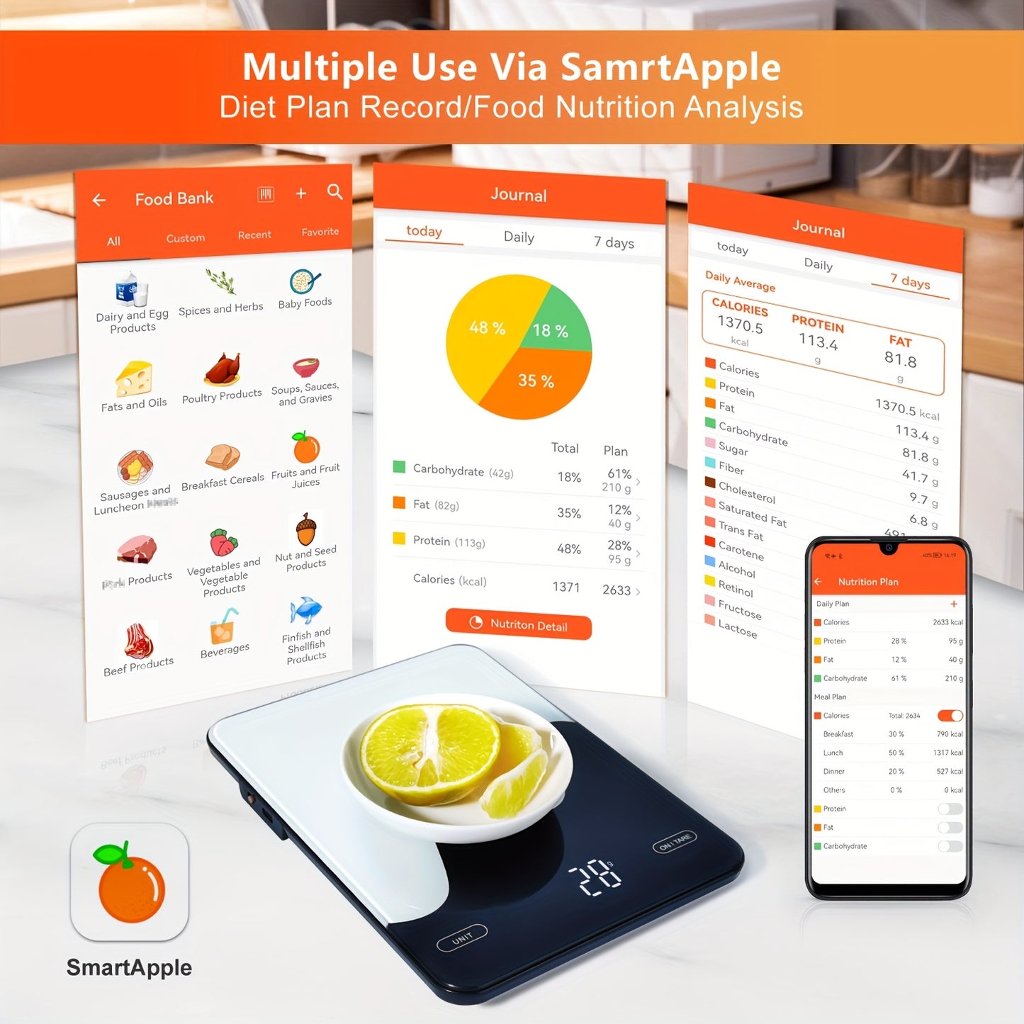 1pc Smart Digital Food Scale with Nutritional Calculator - USB Rechargeable, Grams & Ounces, Ideal for Weight Loss, Keto, Macro, Calorie Tracking, Baking & Meal Prep, 0.1oz/22lb, Diet Management Tool | Modern Kitchen Scale |