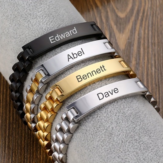 Personalized Stainless Steel Golden Chain Bracelets For Men And Women With Name Tags, Customized With Identity Card Names For Couples.