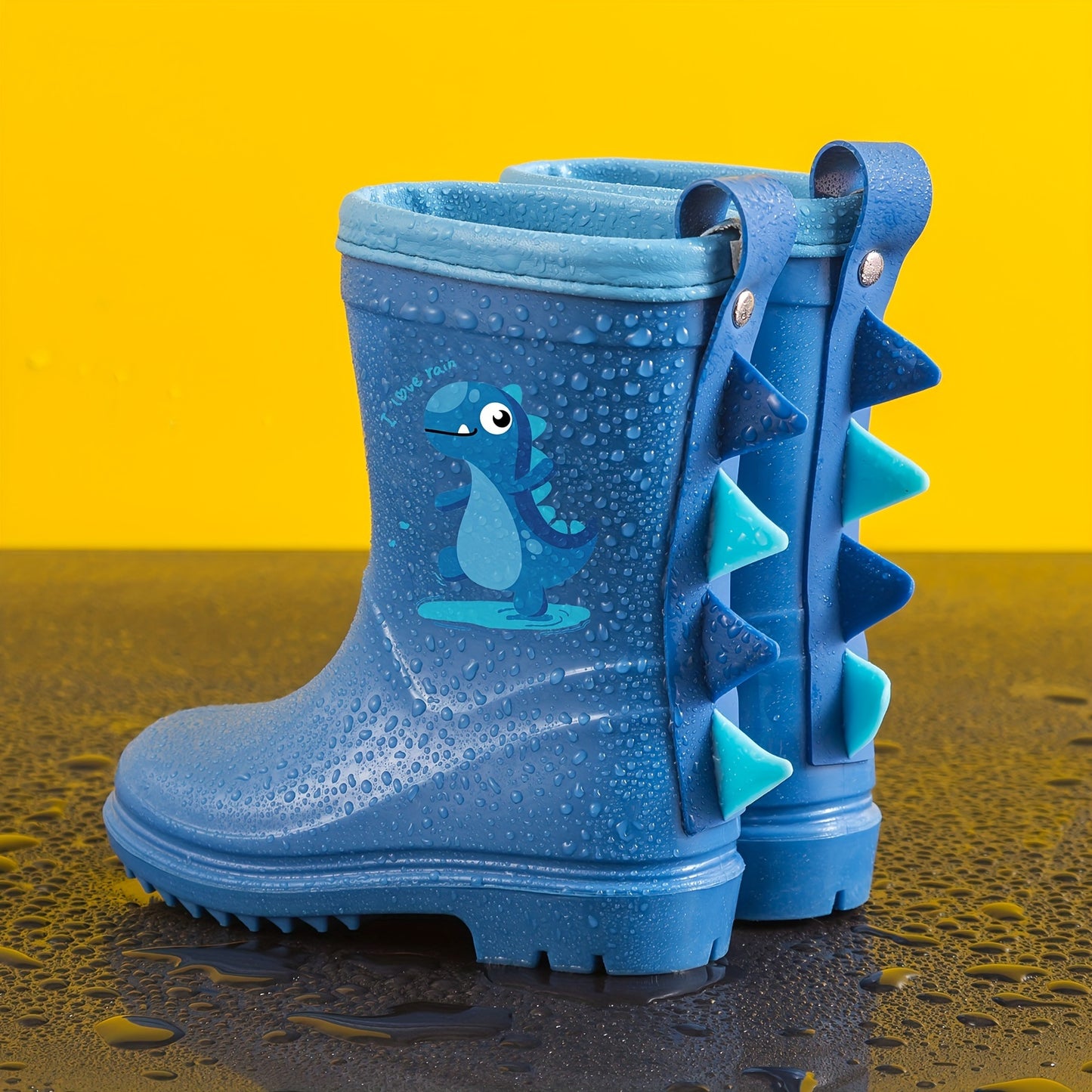 GentleChild Youngsters' Dinosaur Rain Boots - Waterproof, Anti-Slip, Mid-Calf Blue PVC Rain Shoes for Boys & Girls, Ages 1-8, with Cute Cartoon Design & Spikes for Enhanced Grip