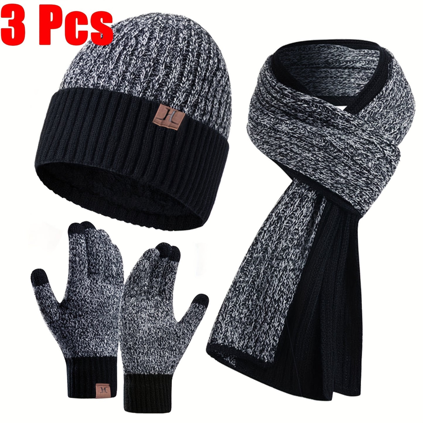 3pcs Winter Hats Scarf for Men with Touchscreen Gloves Warm Men'S Scaves and Beanie Hat Themal Gloves Set
