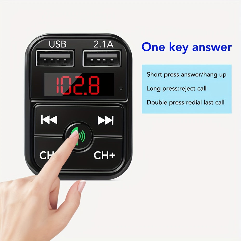 Wireless Car FM Transmitter Kit - 5.0 Bluetooth MP3 Player, Handsfree Audio Receiver, 2.1A Dual USB Phone Charger, and Car Accessories for Universal Vehicles - Easy to Use, Compact Design