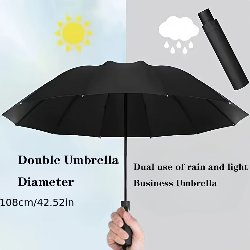 Extra Large 12-Rib Windproof Waterproof Umbrella - Reinforced Thickened Ribs for Dual Sun & Rain Use, Manual Open Compact Travel Umbrella with Sleek Black Design for Business Professionals, Students, Men & Women, Versatile We