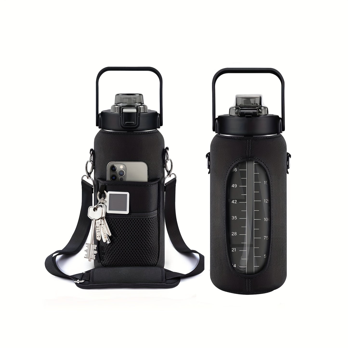 Sildurx 70oz (2L) Half-Gallon Water Bottle with Sleeve - Leakproof, BPA-Free Tritan, Built-in Straw & Time Stamp, Thermos with Handle, Motivational Design, for Gym, Travel, Office, School - Ideal Gift for Men & Women, Daily H