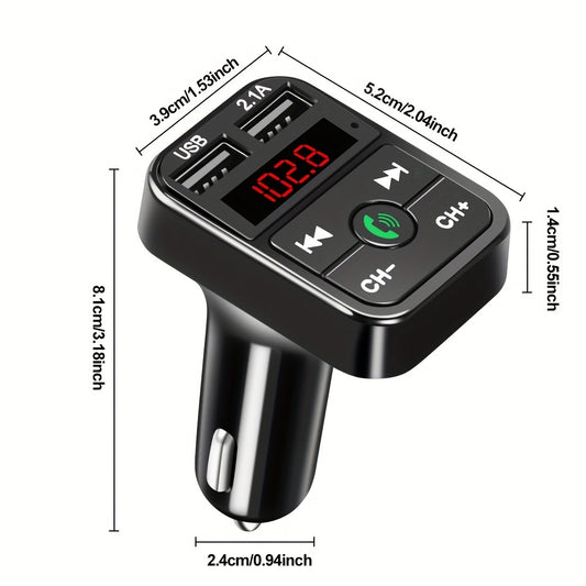 Wireless Car FM Transmitter Kit - 5.0 Bluetooth MP3 Player, Handsfree Audio Receiver, 2.1A Dual USB Phone Charger, and Car Accessories for Universal Vehicles - Easy to Use, Compact Design