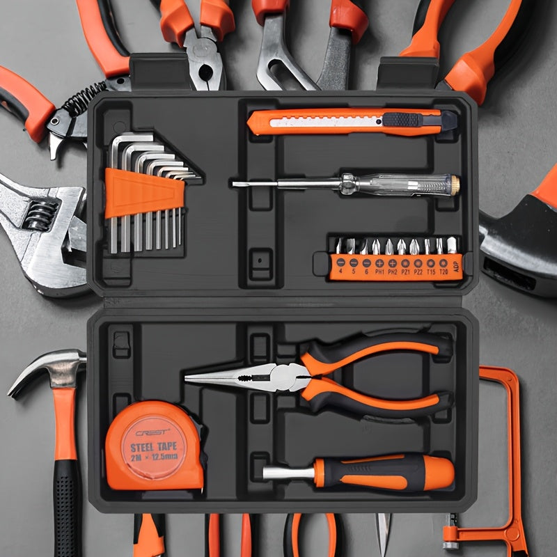 23pcs Universal Home Tool Kit, Carbon Steel Hand Tools Set with Plastic Storage Case, Manual Repair Tools for Household, Car, Office - No Assembly Required, Uncharged, Battery-Free