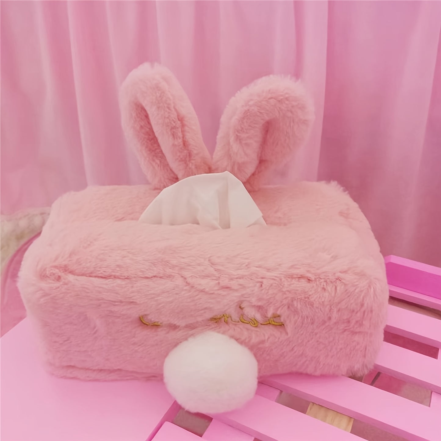 1pc Plush Rabbit Tissue Box, Cartoon Cute Tissue Cover, Car Accessories, Car Decor, Draw Hole Paper Box, Pink Rabbit Tissue Box, Long Ears Cloth Cover, Living Room Kitchen Bathroom Bedroom Office Accessories, Room Decor, Home