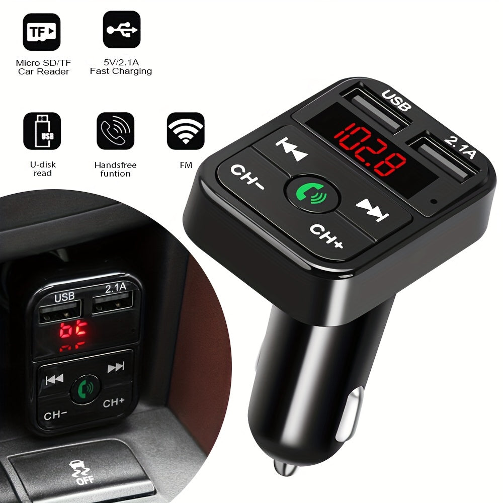 Wireless Car FM Transmitter Kit - 5.0 Bluetooth MP3 Player, Handsfree Audio Receiver, 2.1A Dual USB Phone Charger, and Car Accessories for Universal Vehicles - Easy to Use, Compact Design