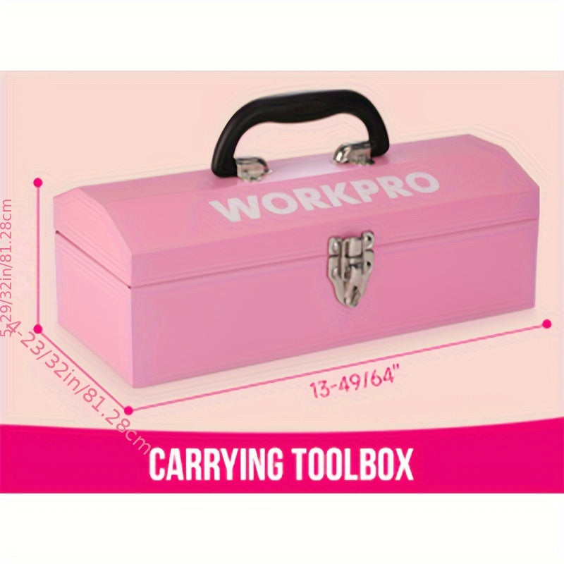 WORKPRO 75-Piece Pink Tools Set, 3.7V Rotatable Cordless Screwdriver And Household Tool Kit, Basic Tool Set With 13'' Portable Steel Tool Box For Home, Garage, Apartment, Dorm, New House - Pink Ribbon