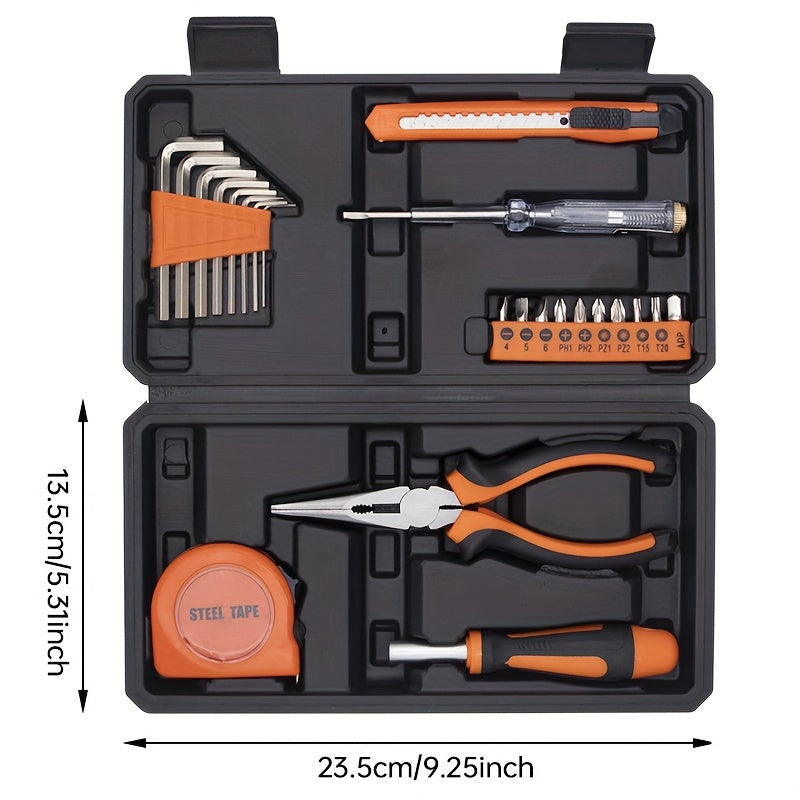23pcs Universal Home Tool Kit, Carbon Steel Hand Tools Set with Plastic Storage Case, Manual Repair Tools for Household, Car, Office - No Assembly Required, Uncharged, Battery-Free