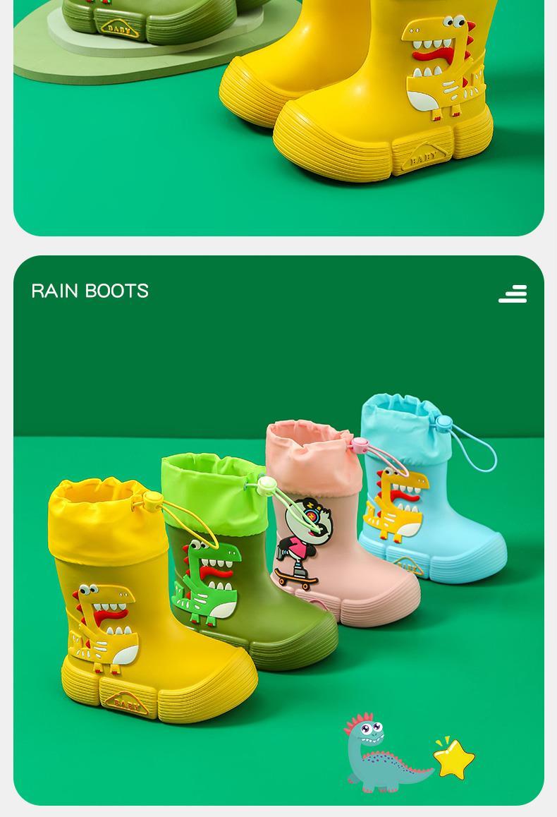 JIAGEYA Boys Girls EVA Drawstring Rain Boots, Cartoon Dinosaur Design Waterproof Soft Sole Anti Slip High Top Shoes For Rainy Weather
