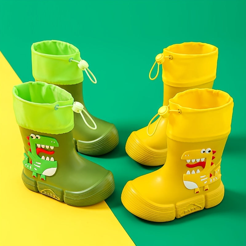 JIAGEYA Boys Girls EVA Drawstring Rain Boots, Cartoon Dinosaur Design Waterproof Soft Sole Anti Slip High Top Shoes For Rainy Weather