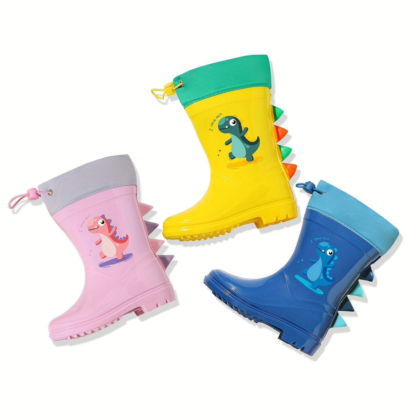 GentleChild Youngsters' Dinosaur Rain Boots - Waterproof, Anti-Slip, Mid-Calf Blue PVC Rain Shoes for Boys & Girls, Ages 1-8, with Cute Cartoon Design & Spikes for Enhanced Grip