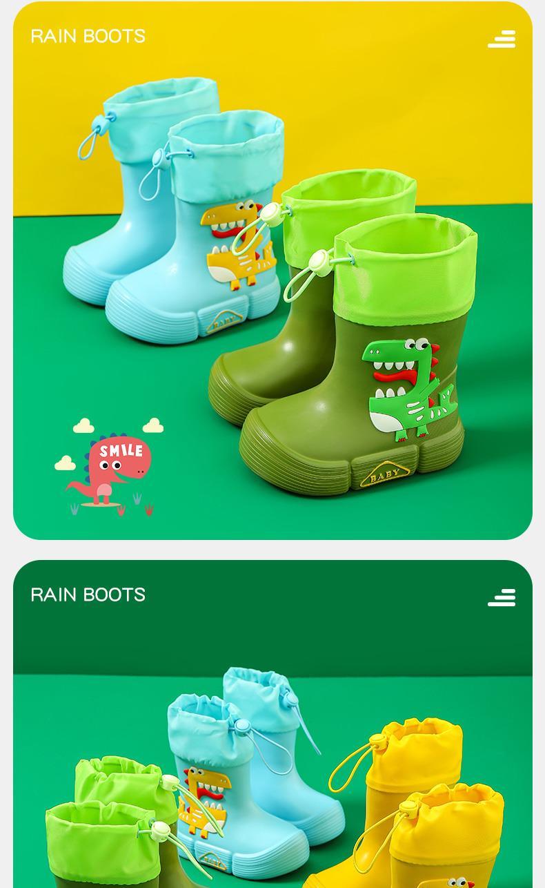 JIAGEYA Boys Girls EVA Drawstring Rain Boots, Cartoon Dinosaur Design Waterproof Soft Sole Anti Slip High Top Shoes For Rainy Weather