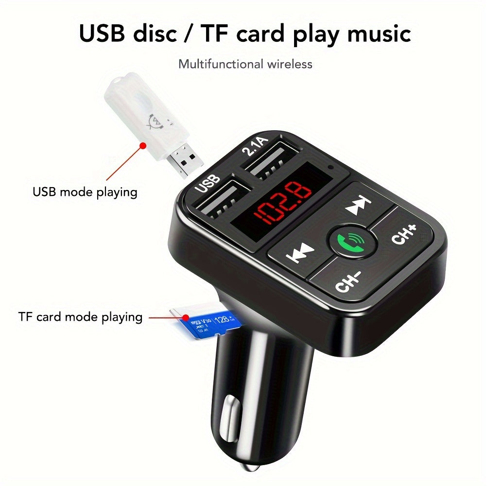 Wireless Car FM Transmitter Kit - 5.0 Bluetooth MP3 Player, Handsfree Audio Receiver, 2.1A Dual USB Phone Charger, and Car Accessories for Universal Vehicles - Easy to Use, Compact Design