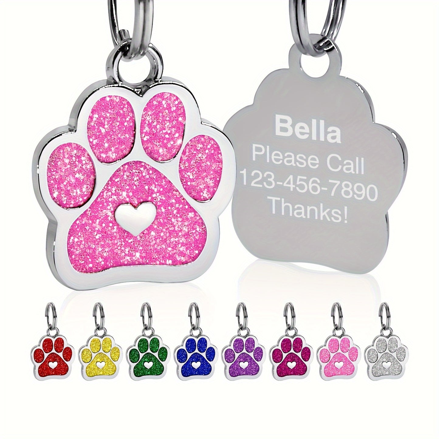 Personalized Dog Tag with Engraved Heart and Paw Prints for Bling and Safety