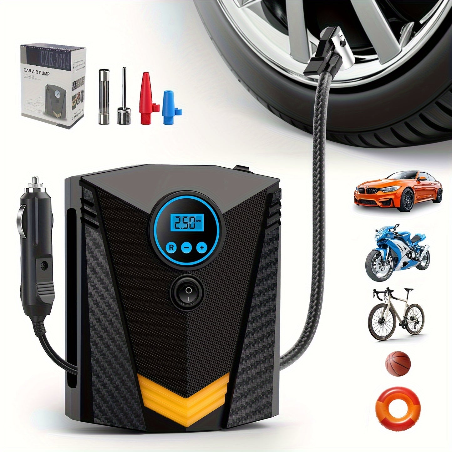 Tire Inflator Air Compressor 12V DC Portable Air Compressor Car Accessories Auto Tire Pump 100PSI With LED Light Digital Air Pump For Car Tires Bicycles Other Inflatables