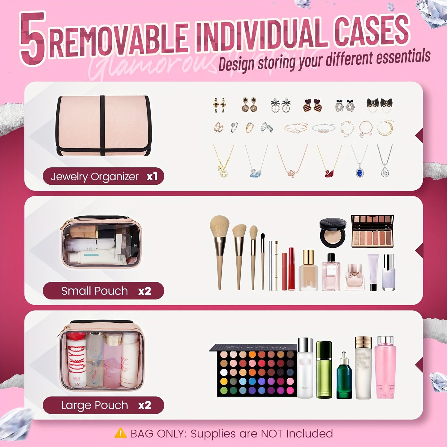 Large Pink Travel Makeup Bag Organizer with 4 Removable Cases and 1 Jewelry Roll, Multi-Compartment Cosmetic Bag for Toiletries, Skin Care, Hair Supplies, Brushes - Women'S Gift, Valentine'S Day Gift, Polyester, Hand Washable