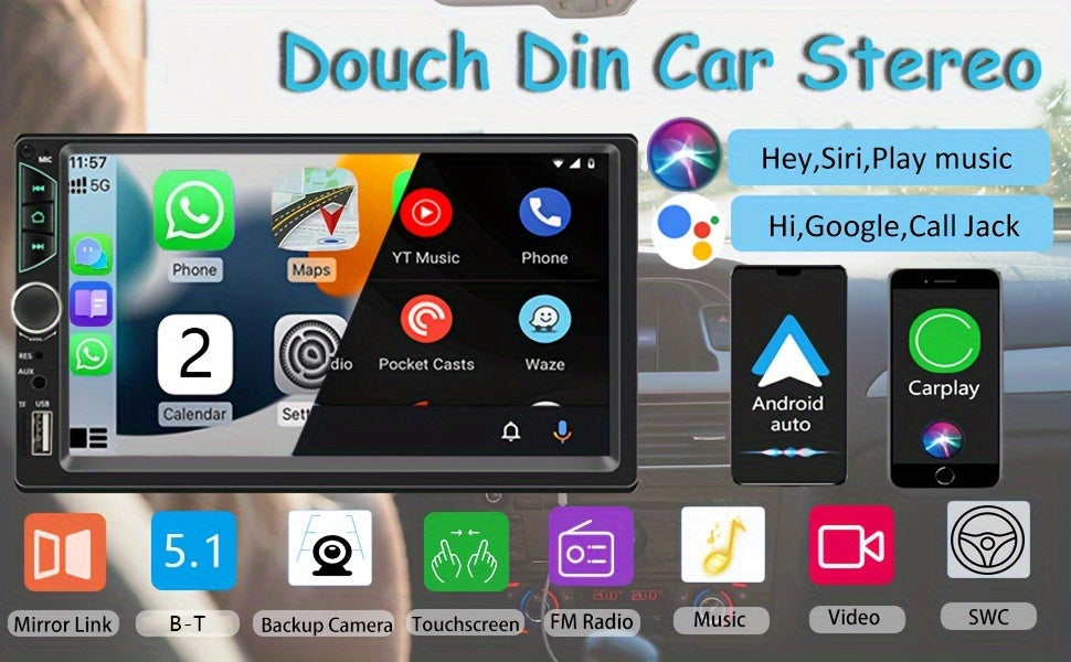 7 Inch Double Din Car Stereo Android Auto Carplay Car Radio HD Touch Screen Car Video Player With Rear View Camera Mirror Link Voice Control GPS Navigation FM/USB/TF/AUX Input, Car Accessories