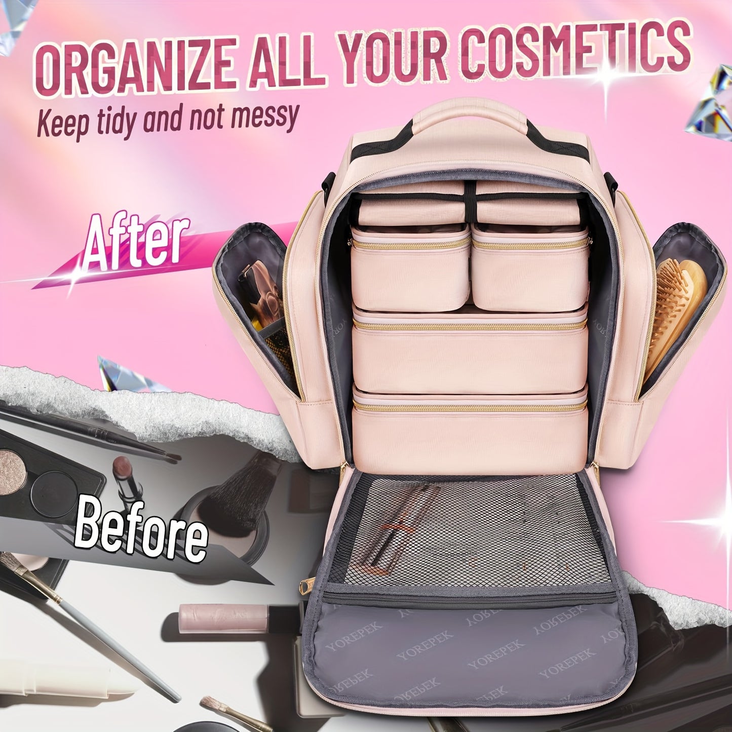 Large Pink Travel Makeup Bag Organizer with 4 Removable Cases and 1 Jewelry Roll, Multi-Compartment Cosmetic Bag for Toiletries, Skin Care, Hair Supplies, Brushes - Women'S Gift, Valentine'S Day Gift, Polyester, Hand Washable