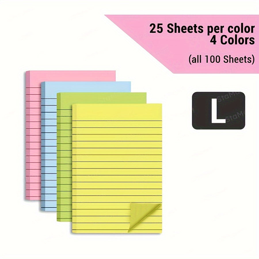 100sheets 4 colors 100-Sheet Line Sticky Notes, 4 Colors, Portable Memo Pads for Students, Office, Home, School - Large & Small, 2 Styles