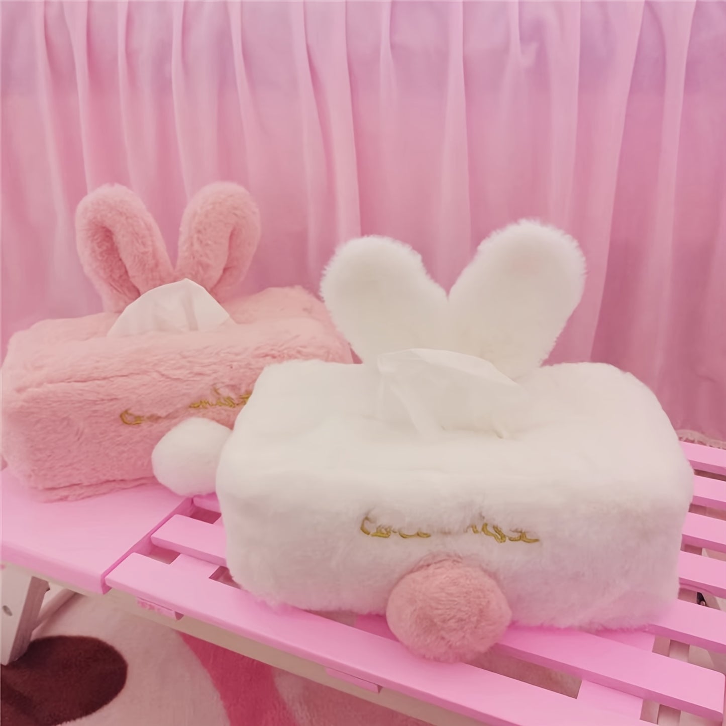 1pc Plush Rabbit Tissue Box, Cartoon Cute Tissue Cover, Car Accessories, Car Decor, Draw Hole Paper Box, Pink Rabbit Tissue Box, Long Ears Cloth Cover, Living Room Kitchen Bathroom Bedroom Office Accessories, Room Decor, Home