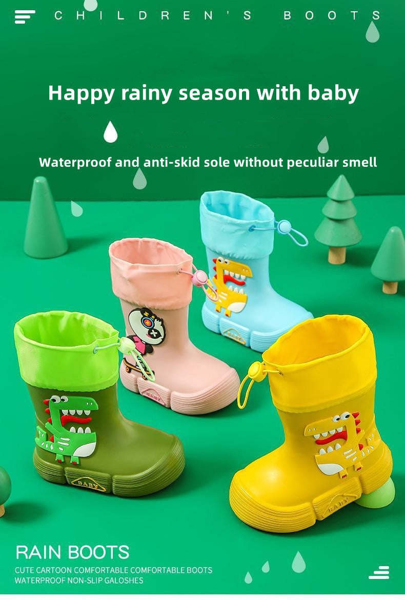 JIAGEYA Boys Girls EVA Drawstring Rain Boots, Cartoon Dinosaur Design Waterproof Soft Sole Anti Slip High Top Shoes For Rainy Weather