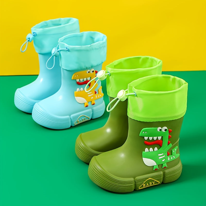 JIAGEYA Boys Girls EVA Drawstring Rain Boots, Cartoon Dinosaur Design Waterproof Soft Sole Anti Slip High Top Shoes For Rainy Weather