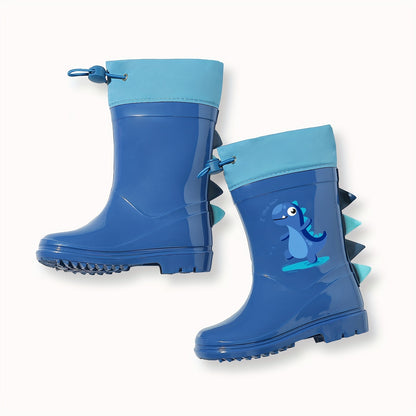 GentleChild Youngsters' Dinosaur Rain Boots - Waterproof, Anti-Slip, Mid-Calf Blue PVC Rain Shoes for Boys & Girls, Ages 1-8, with Cute Cartoon Design & Spikes for Enhanced Grip