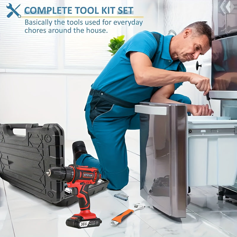 [Cordless Power Drill] 128Pcs 36V Cordless Power Drill Set, Electric Drill Set with 2 Battery - Household Tools Set, Cordless Impact Wrench, Hand Tool Set Kit, Ratcheting Screwdriver Set, Cordless Electric Screwdriver Kit, Ea