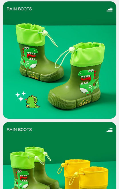 JIAGEYA Boys Girls EVA Drawstring Rain Boots, Cartoon Dinosaur Design Waterproof Soft Sole Anti Slip High Top Shoes For Rainy Weather