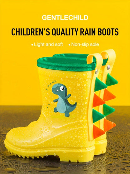 GentleChild Youngsters' Dinosaur Rain Boots - Waterproof, Anti-Slip, Mid-Calf Blue PVC Rain Shoes for Boys & Girls, Ages 1-8, with Cute Cartoon Design & Spikes for Enhanced Grip