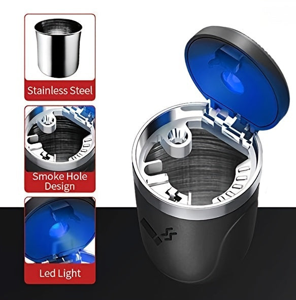 [LED Car Ashtray Set] Automatic Guide Rail LED Car Ashtray Set (1pc Ashtray + 1pc Brush) - Detachable Cleaning Brush, Compact Design, Easy to Install, Car Accessories | Ashtray for Car | Ash Tray for Car