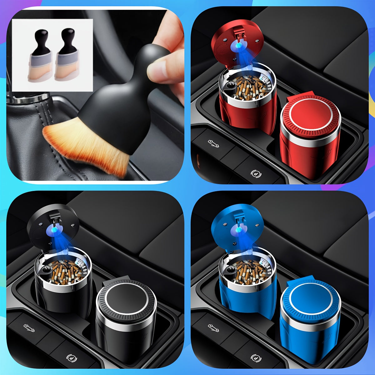 [LED Car Ashtray Set] Automatic Guide Rail LED Car Ashtray Set (1pc Ashtray + 1pc Brush) - Detachable Cleaning Brush, Compact Design, Easy to Install, Car Accessories | Ashtray for Car | Ash Tray for Car