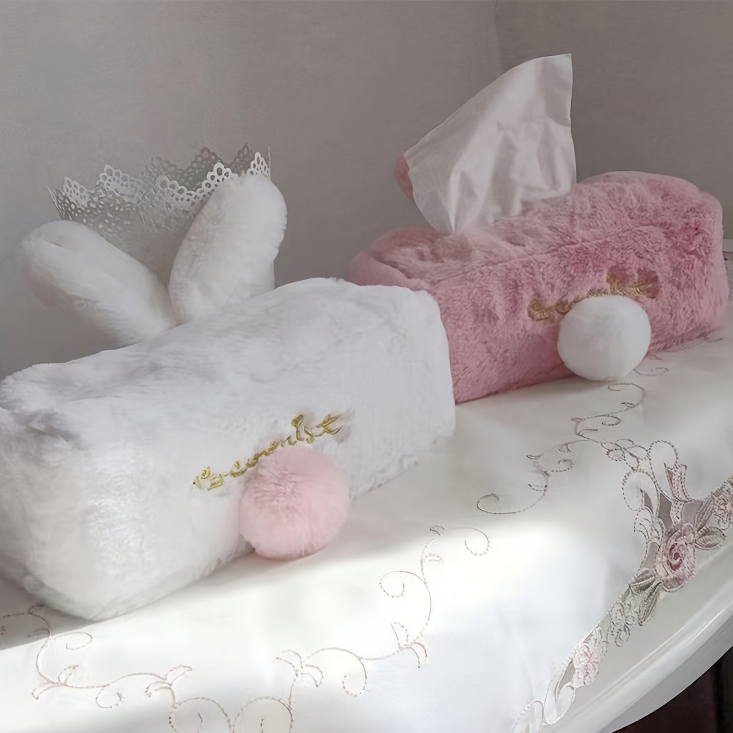 1pc Plush Rabbit Tissue Box, Cartoon Cute Tissue Cover, Car Accessories, Car Decor, Draw Hole Paper Box, Pink Rabbit Tissue Box, Long Ears Cloth Cover, Living Room Kitchen Bathroom Bedroom Office Accessories, Room Decor, Home