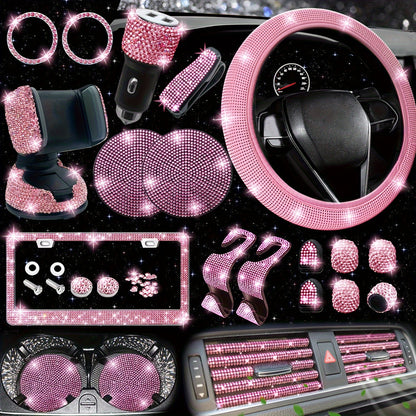 [27pcs Bling Car Accessories] 27pcs Bling Car Accessories Set For Women, Bling Steering Wheel Covers Universal Fit 15 Inch, Bling License Plate Frame, Phone Holder, Car Coasters