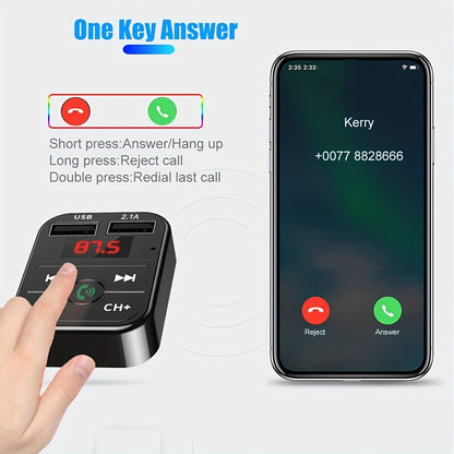 Wireless Car FM Transmitter Kit - 5.0 Bluetooth MP3 Player, Handsfree Audio Receiver, 2.1A Dual USB Phone Charger, and Car Accessories for Universal Vehicles - Easy to Use, Compact Design