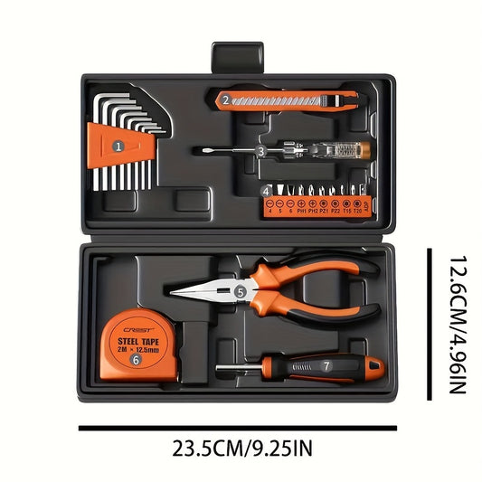 23pcs Universal Home Tool Kit, Carbon Steel Hand Tools Set with Plastic Storage Case, Manual Repair Tools for Household, Car, Office - No Assembly Required, Uncharged, Battery-Free