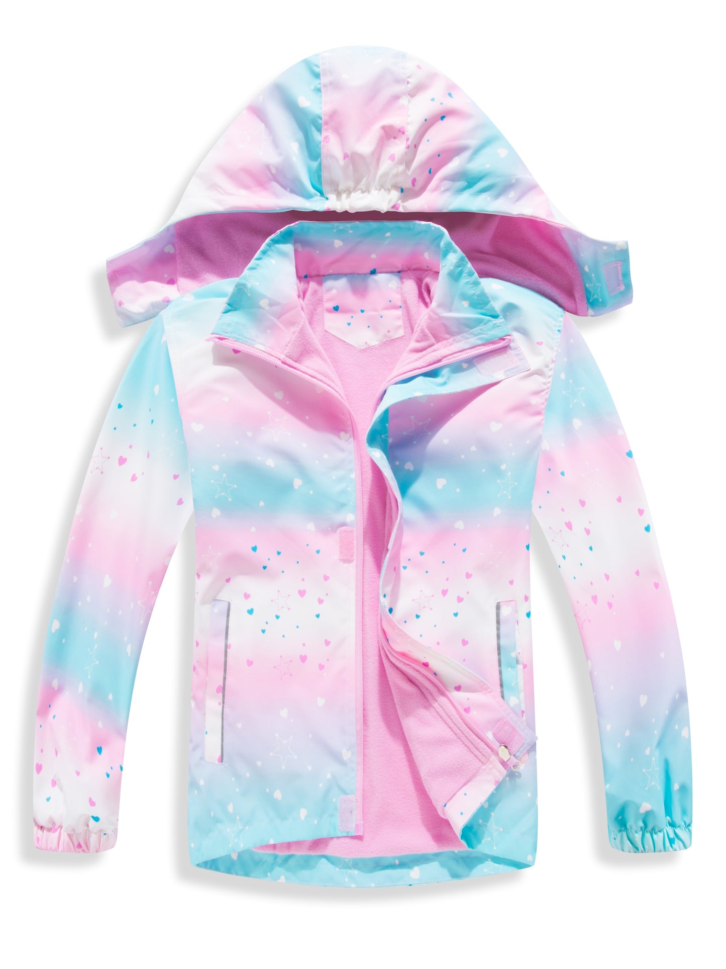 Vibrant Gradient Rain Jacket for Kids - Waterproof, Lightweight, Fleece Lined, Hooded, Windbreaker Coat with Removable Hood for Girls - Perfect for Outdoor Play and School Days