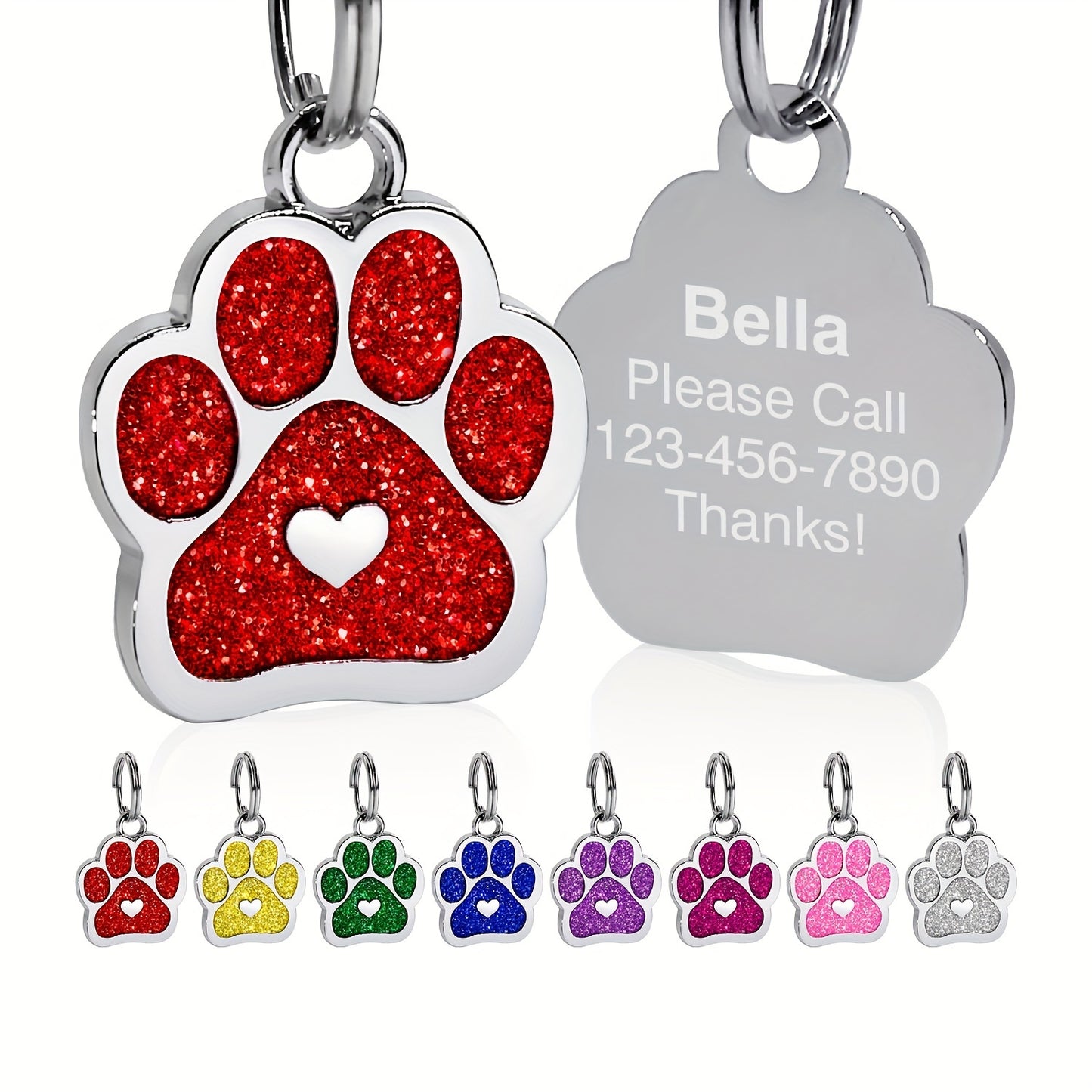 Personalized Dog Tag with Engraved Heart and Paw Prints for Bling and Safety