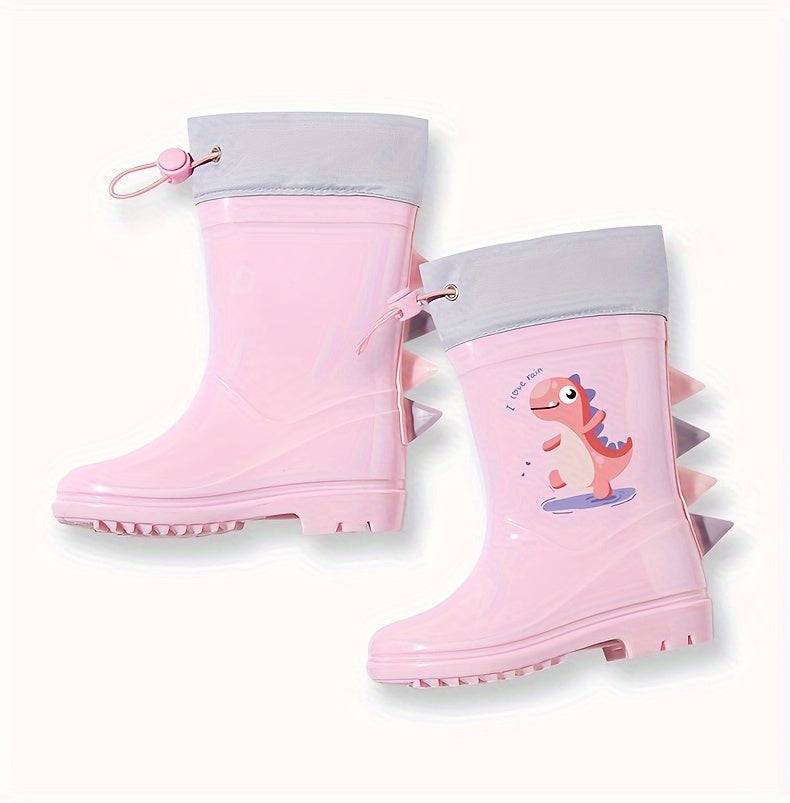 GentleChild Youngsters' Dinosaur Rain Boots - Waterproof, Anti-Slip, Mid-Calf Blue PVC Rain Shoes for Boys & Girls, Ages 1-8, with Cute Cartoon Design & Spikes for Enhanced Grip