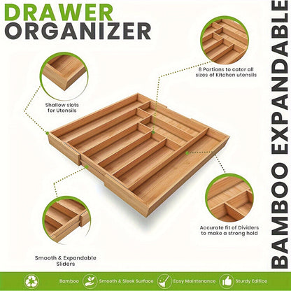 1pc Adjustable Bamboo Drawer Organizer For Utensils And Silverware - Expandable Cutlery Tray For Kitchen, Bedroom, And Living Room - Easy To Clean And Stylish Storage Solution